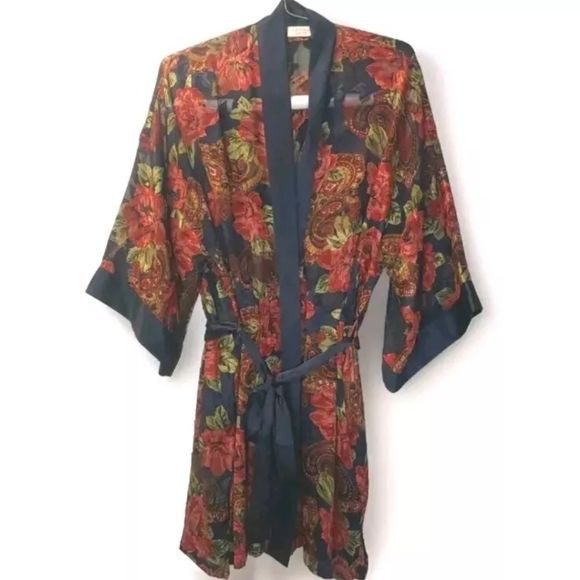 Victoria Secret Kimono Navy Sheer Floral Pailsey Belted Robe Vtg Gold Label O/S